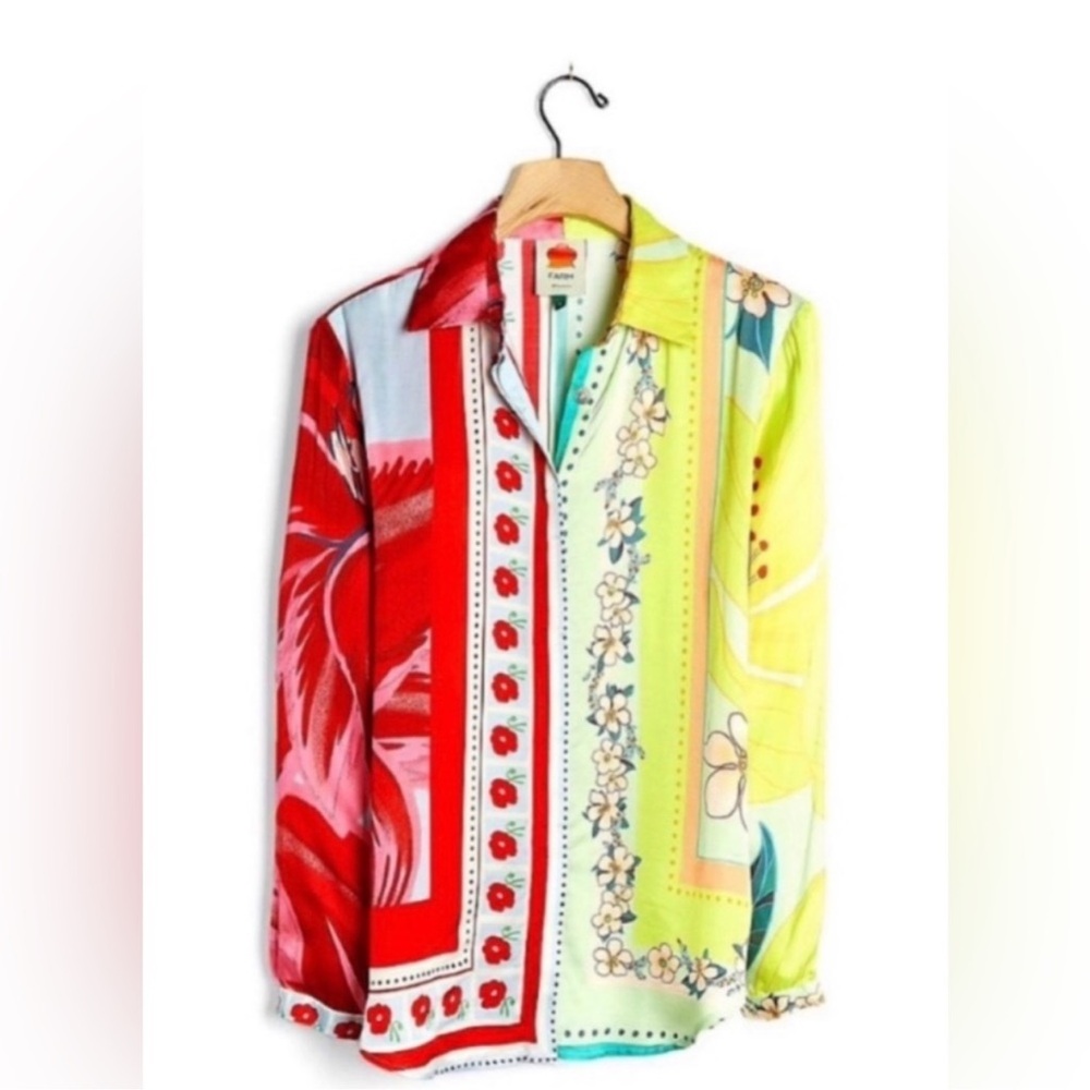 Farm Rio Floral Scarf Patchwork Shirt size M